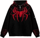 Miles Morales Inspired Spider Logo Hoodie – Black & Red Web Pattern | Unisex Zip-Up Sweatshirt
