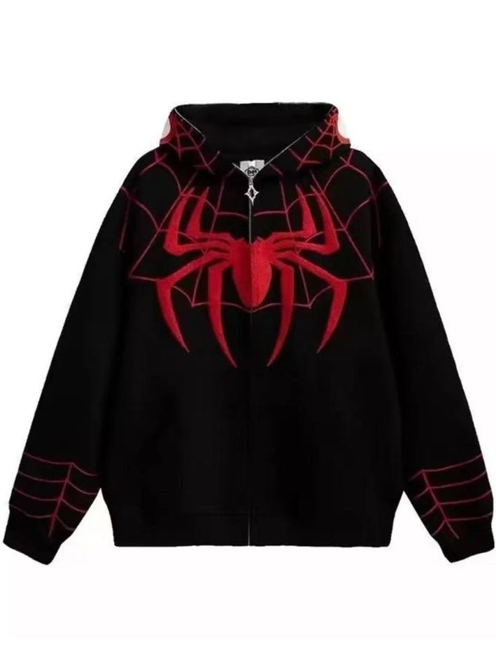 Miles Morales Inspired Spider Logo Hoodie – Black & Red Web Pattern | Unisex Zip-Up Sweatshirt